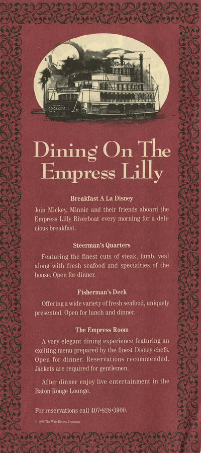 Walt Disney World Empress Lilly Riverboat Character Breakfast Crew Certificate 