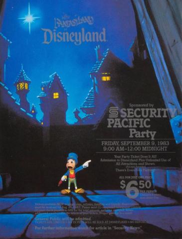 1983 Security Pacific Disneyland Company Event Ticket Promotional Standee - ID: mardisneyland22121 Disneyana
