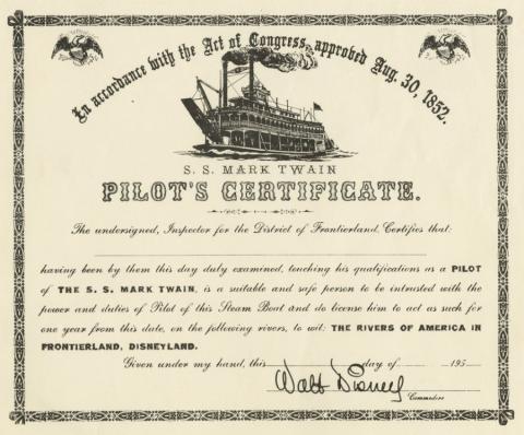 1950s Disneyland Mark Twain Pilot's Certificate - ID: may22553 Disneyana