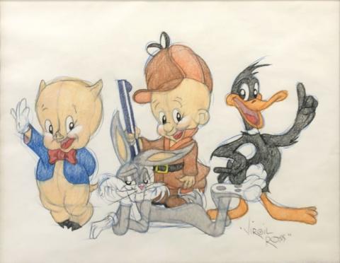 1990s Virgil Ross Porky, Elmer, Bugs, and Daffy Looney Tunes Drawing - ID: octvirgil21124 Warner Bros.
