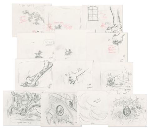 Collection of 13 What-A-Mess Dinosaur Bumper Sequence Layout Drawings (1995) - ID: feb24108 DiC