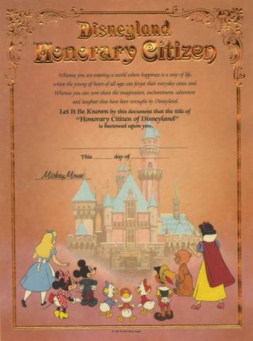 Disneyland Honorary Citizen Commemorative Souvenir Certificate (1988) - ID: jul22692 Disneyana