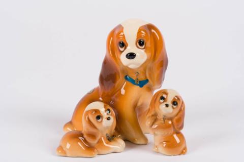 Lady and the Tramp with Puppies Ceramic Figurines by Seven China (c.1950s) - ID: julydisneyana21147 Disneyana