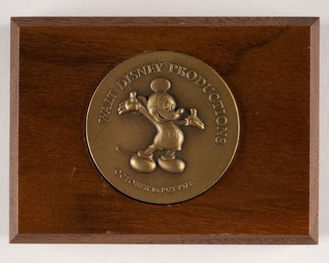 Walt Disney Productions 50 Years Commemorative Coin with Wooden Base (1973) - ID: jun23141 Disneyana