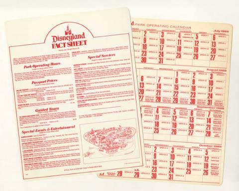 Disneyland Cast Member Guest Services Fact Sheet & Calendar (1985) - ID: mar24358 Disneyana