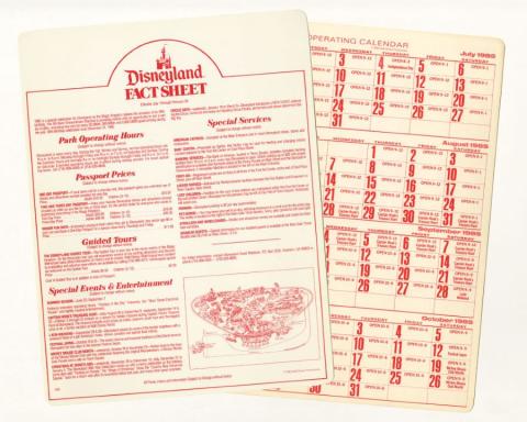 Disneyland Cast Member Guest Services Fact Sheet & Calendar (1985) - ID: mar24359 Disneyana