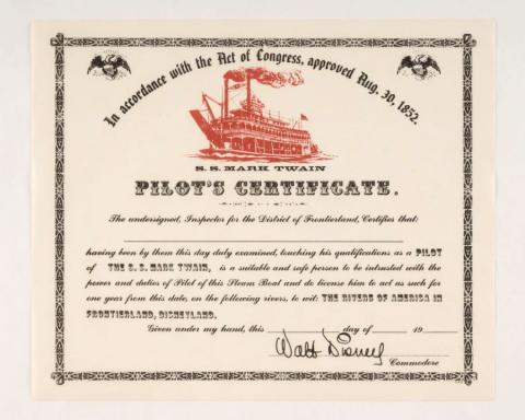 Frontierland S.S. Mark Twain Pilot's Certificate (1974) - ID: nov23343 Disneyana