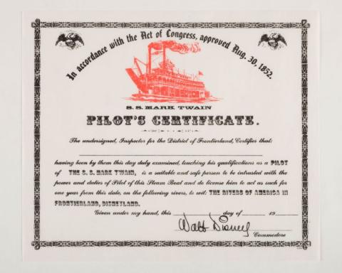 Frontierland S.S. Mark Twain Pilot's Certificate (1974) - ID: nov23344 Disneyana