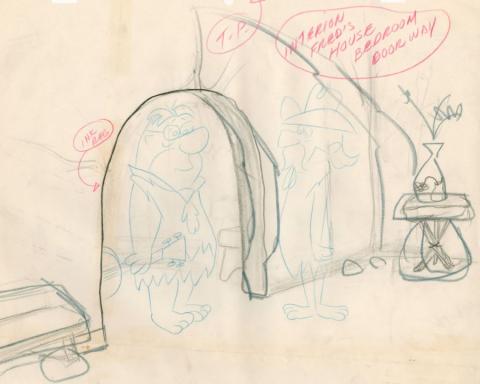 The Flintstones "The Girls' Night Out" Fred Flintstone's House Background Layout Drawing (1961) - ID: may23589 Hanna Barbera