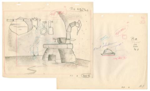 Pair of The Flintstones "The Girls' Night Out" Background Layout Drawings (1961) - ID: may23594 Hanna Barbera