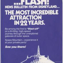 1975 Space Mountain Attraction Disneyland Cast Member Flyer - ID: jan23232 Disneyana