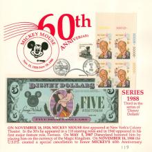 Mickey Mouse 60th Anniversary First Day Disney Dollar (1988) - ID: may23283 Disneyana